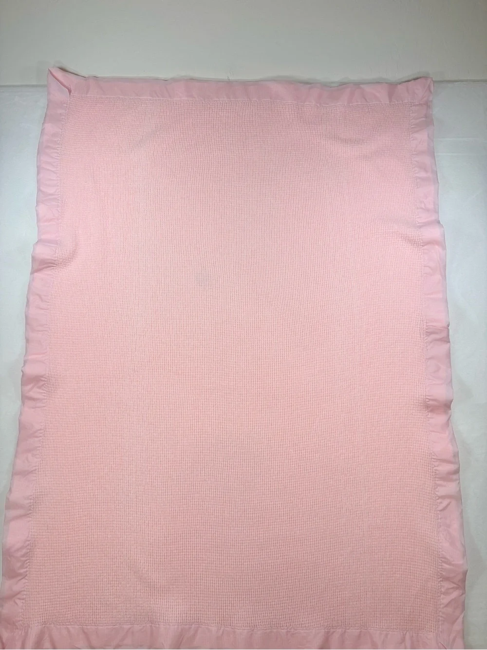 Vintage Pink Waffle Weave Baby Blanket Satin Trim 35x46 Security Crib Nursery